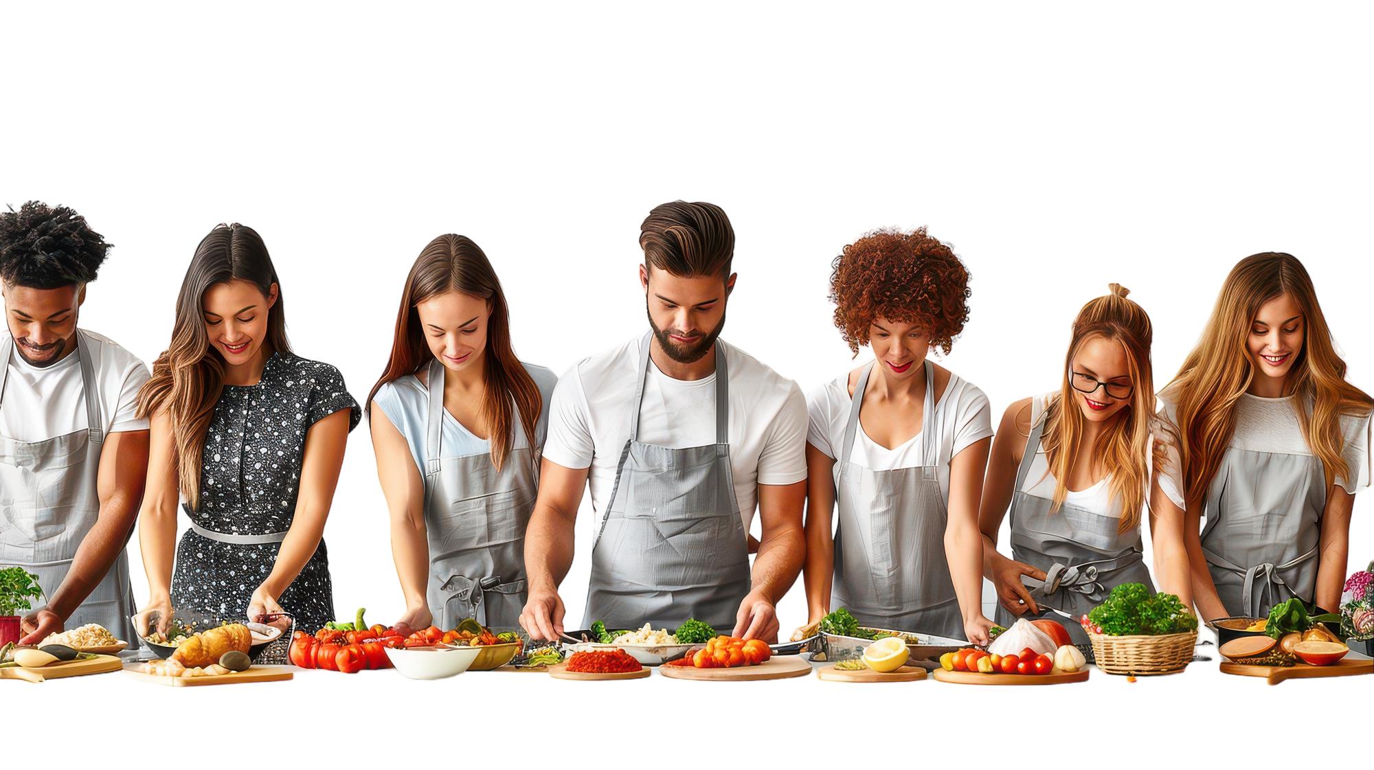 Students cooking in a bright kitchen
