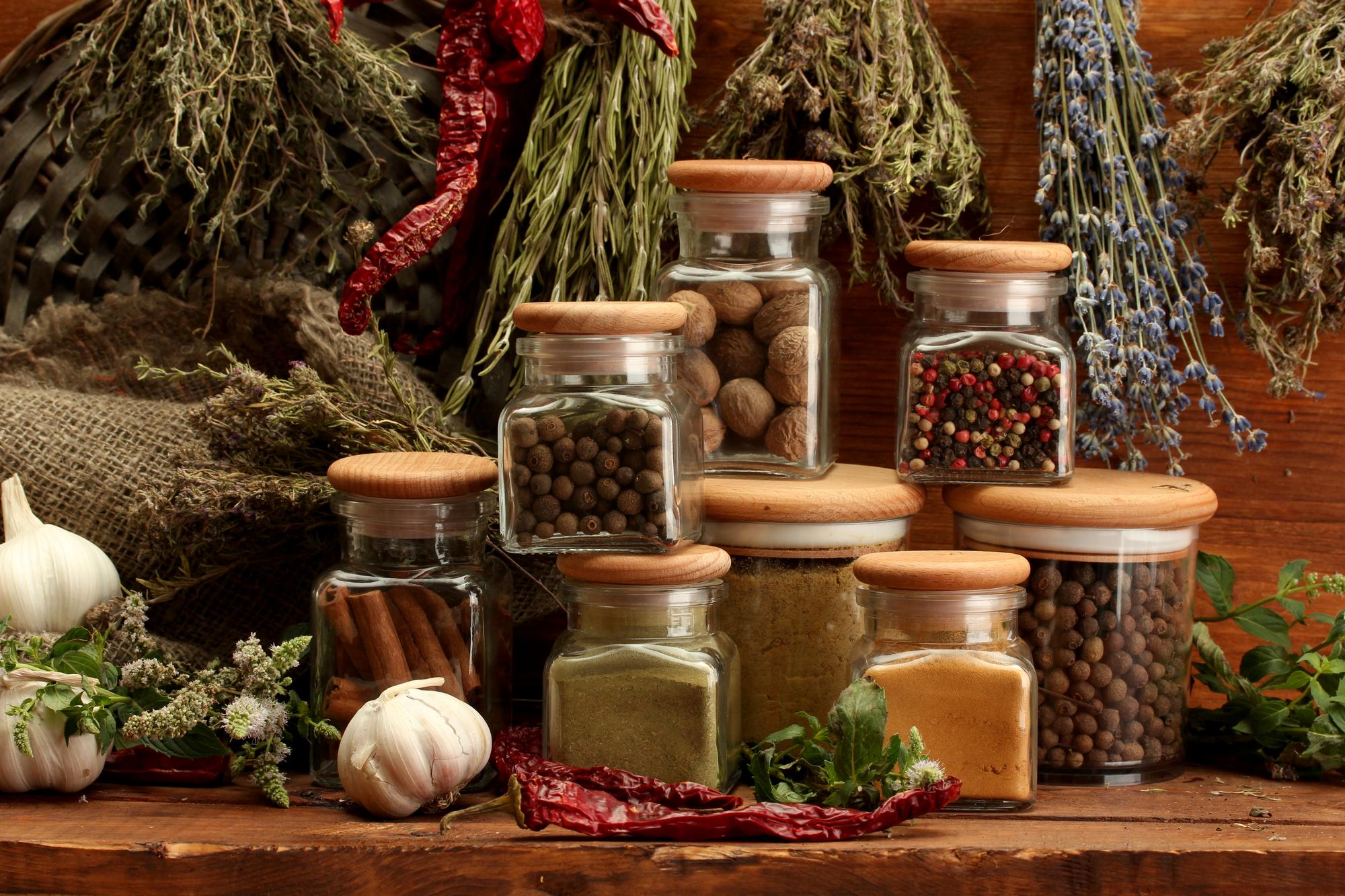 Assorted jars of spices and herbs